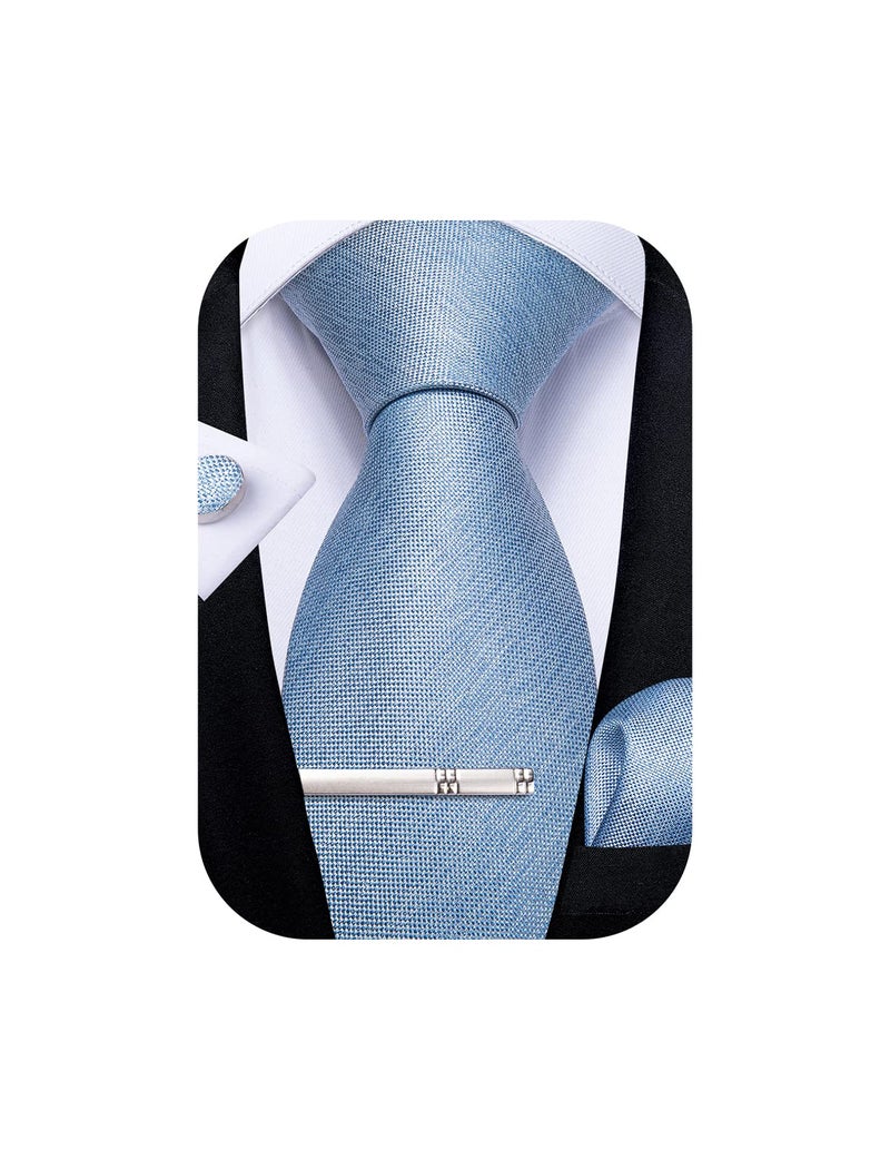 DiBanGu Mens Silk Necktie Solid Color Tie and Pocket Square Cufflink Tie Clip Set Woven Plain Ties for Men Wedding Party, Light Blue - Image 1